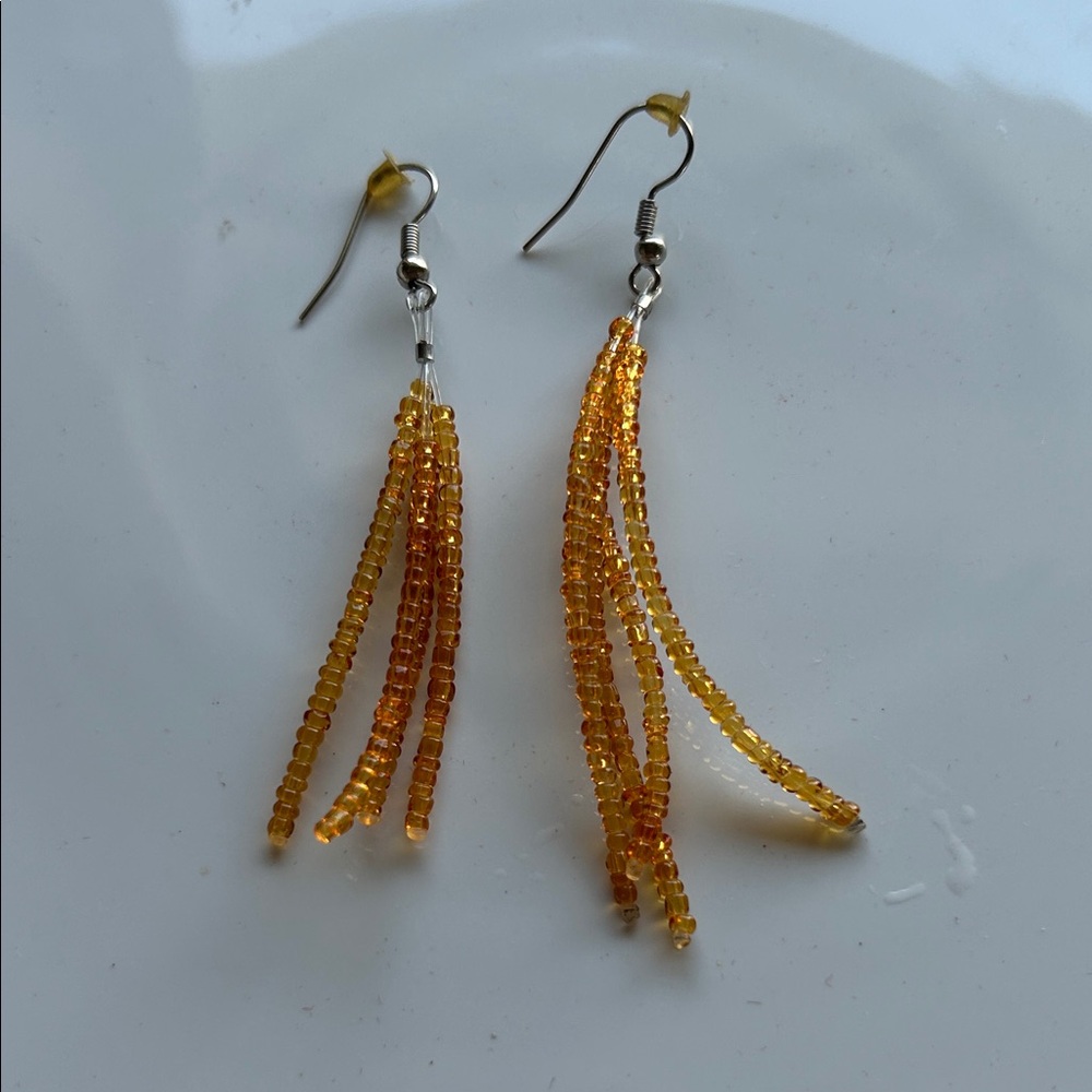 Vintage Amber Beaded Dangle Earrings | Boho Fringe Drop